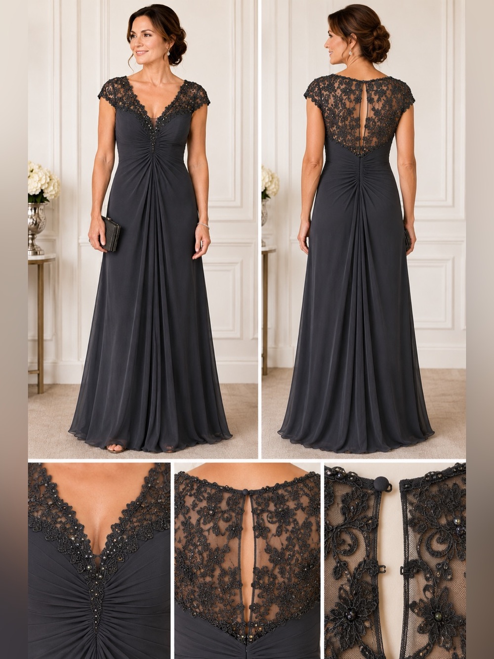 Serena London Charcoal Beaded Illusion Back Formal Gown Size 12